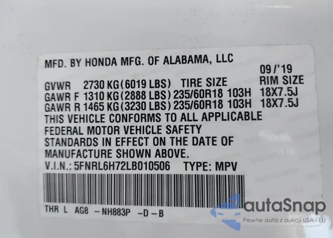 2020 Honda Odyssey Ex-L/Ex-L W/Navi Res z USA, uszkodzony, nr VIN 5FNRL6H72LB010506